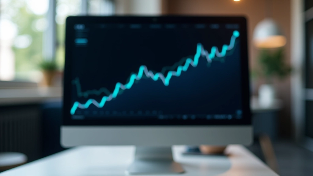 Photo professionnelle montrant un écran d'ordinateur affichant un graphique boursier en hausse avec une ligne ascendante