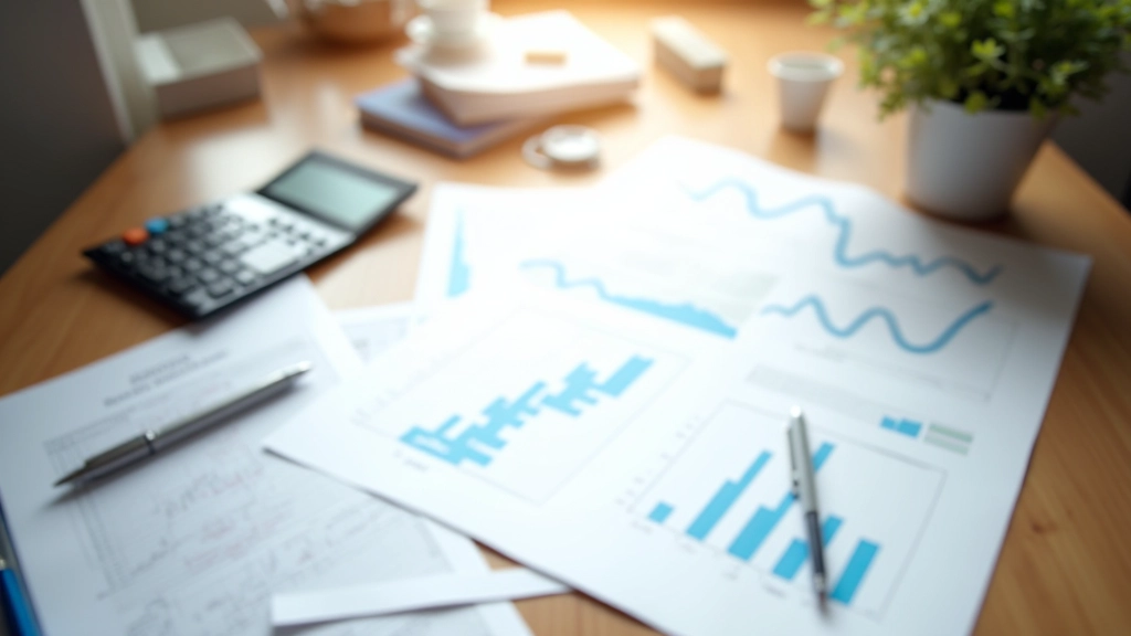 Vue aérienne d'une table de travail avec documents financiers, calculatrice et notes sur l'allocation d'actifs