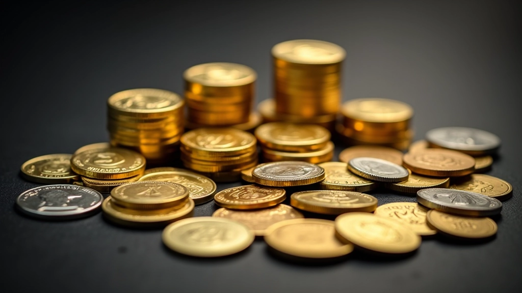 Assortiment de pièces de monnaie, métaux précieux et autres actifs alternatifs brillant sous la lumière