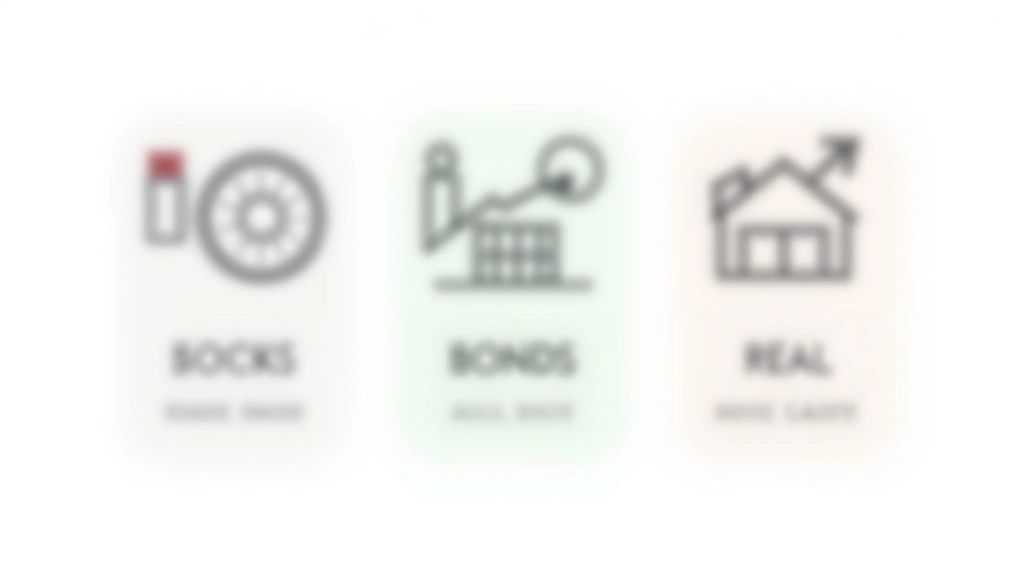 Tableau montrant trois catégories d'actifs: actions, obligations et immobilier avec des symboles représentatifs